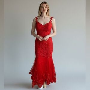 Red Floral Lace Mermaid Dress Sleeveless Fit and Flare Gown Prom Wedding Dress